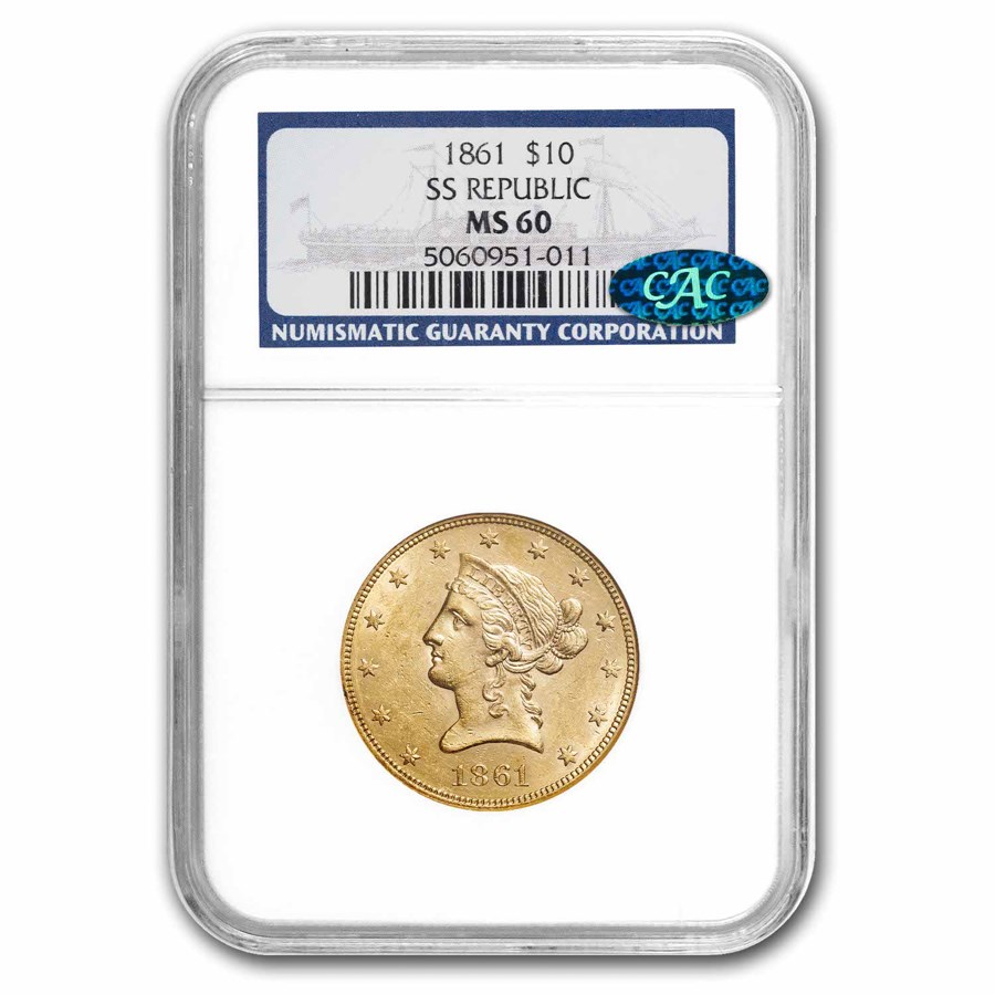 1861 $10 Liberty Gold Eagle MS-60 NGC CAC (S.S. Republic)