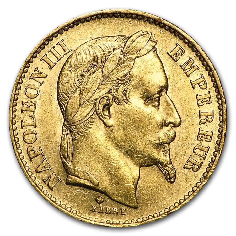 1861-1870 France Gold 20 Francs Napoleon III Laureate (AU)