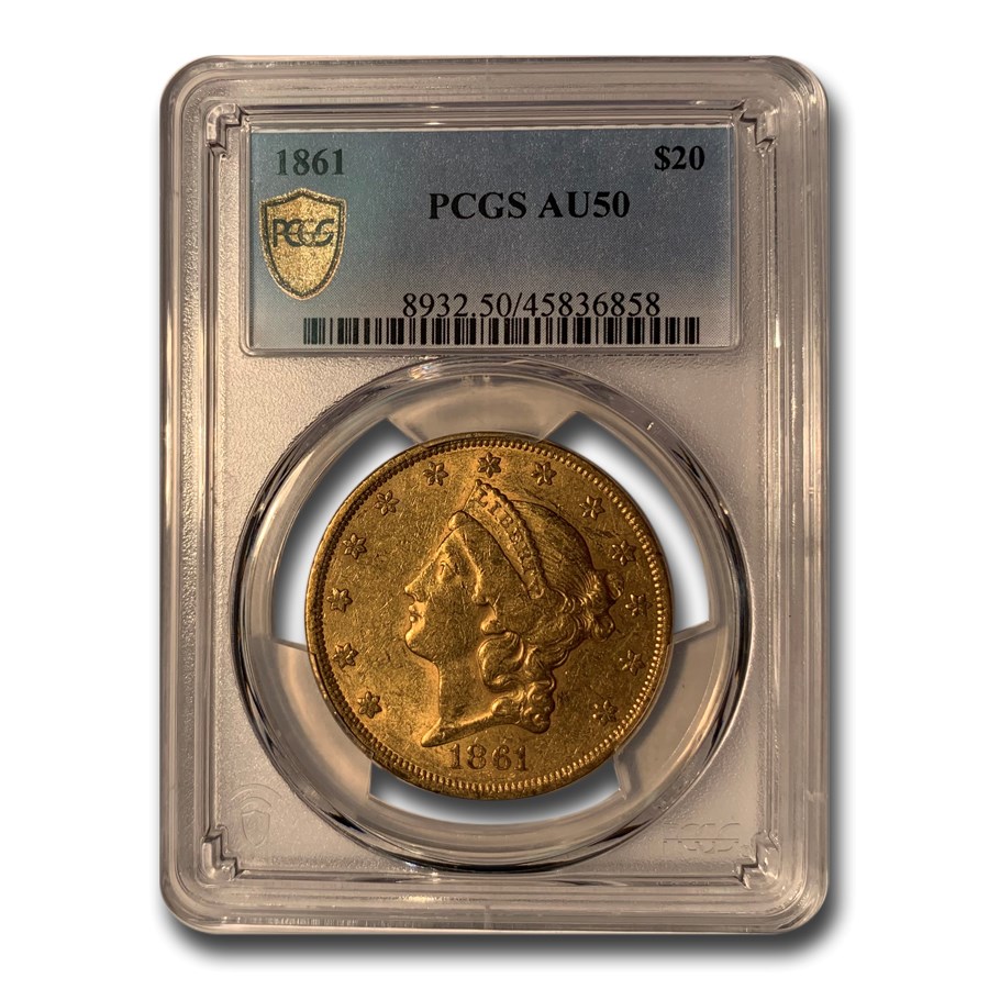 1861 $20 Liberty Gold Double Eagle AU-50 PCGS