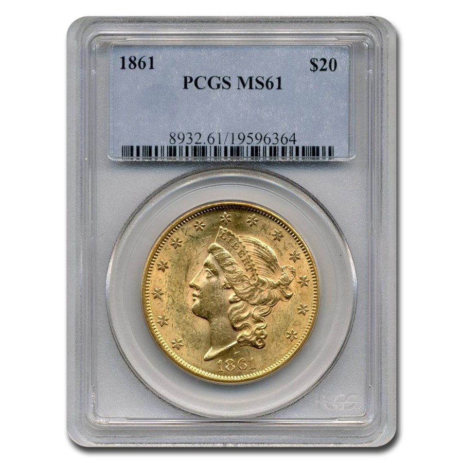 1861 $20 Liberty Gold Double Eagle MS-61 PCGS