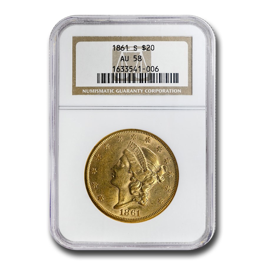 1861-S $20 Liberty Gold Double Eagle AU-58 NGC