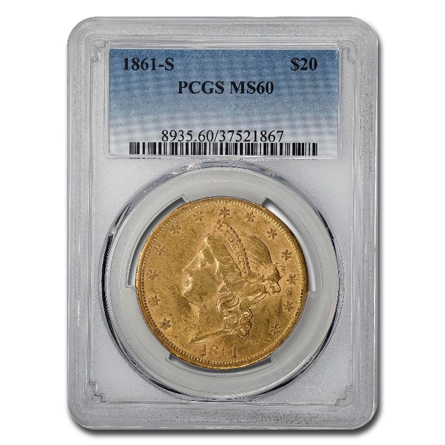 1861-S $20 Liberty Gold Double Eagle MS-60 PCGS