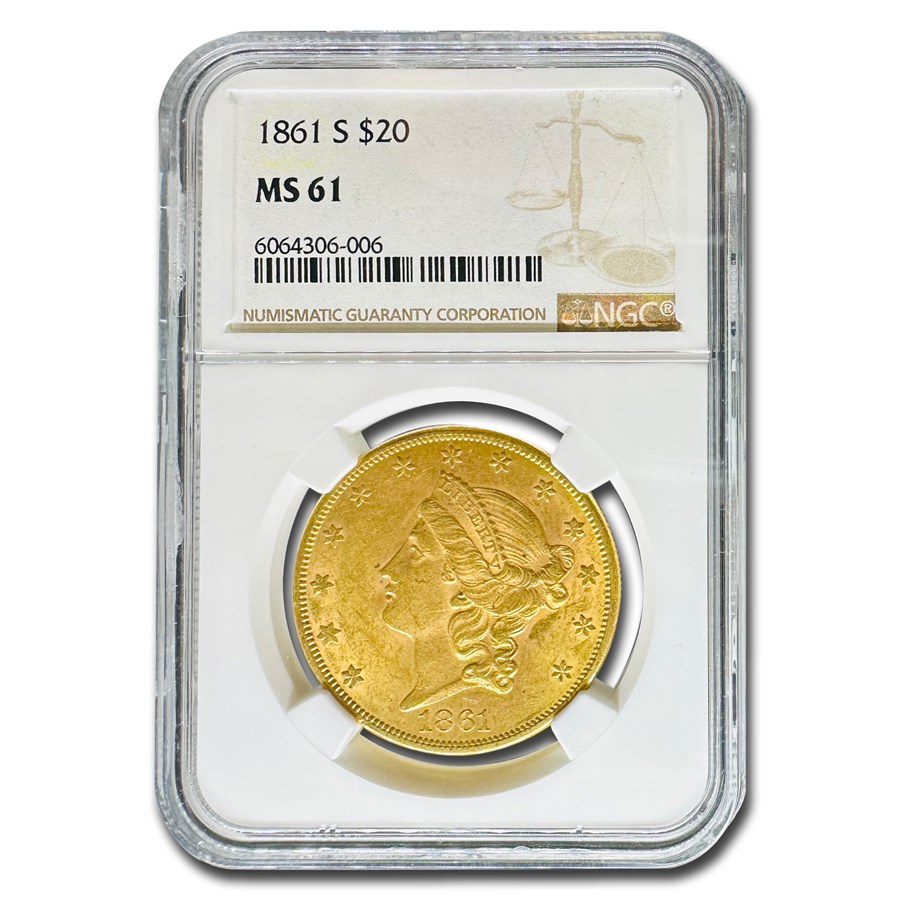 1861-S $20 Liberty Gold Double Eagle MS-61 NGC