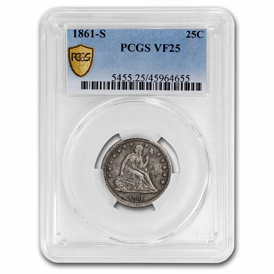 Buy 1861-s Liberty Seated Quarter Vf-25 Pcgs 