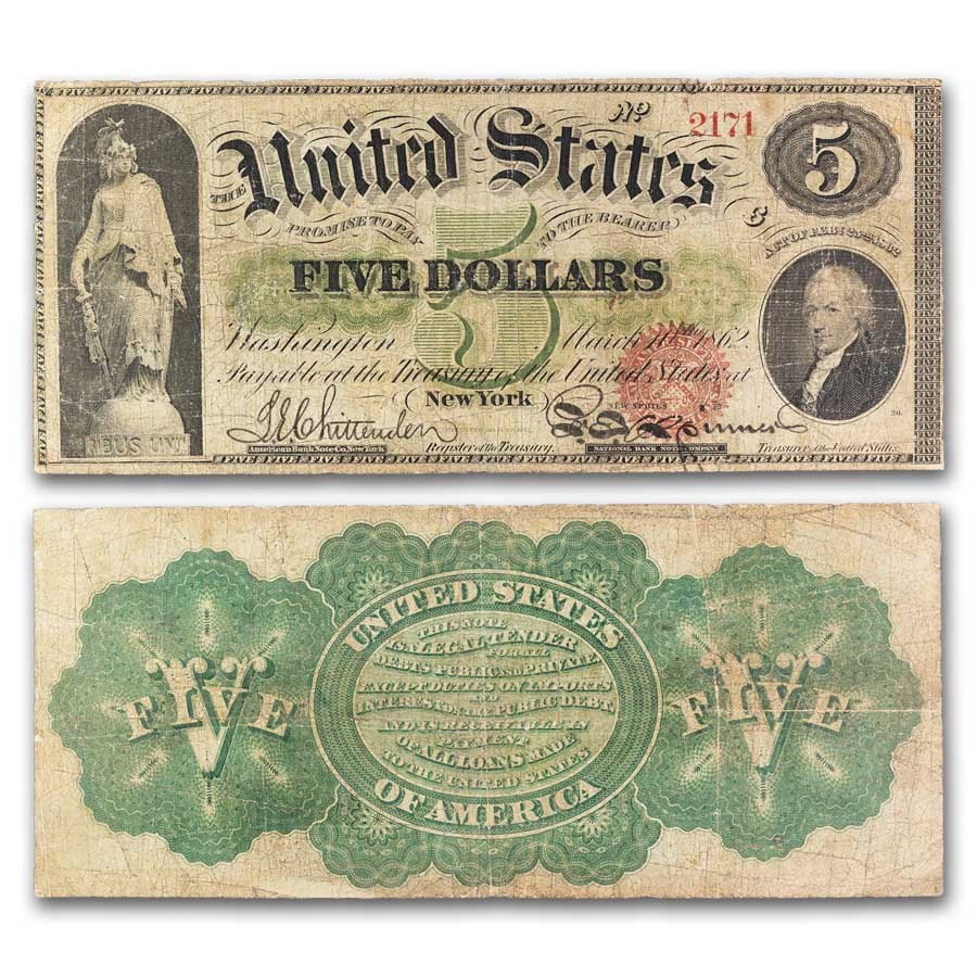 1862 $5.00 Legal Tender Alexander Hamilton Fine (Fr#63)