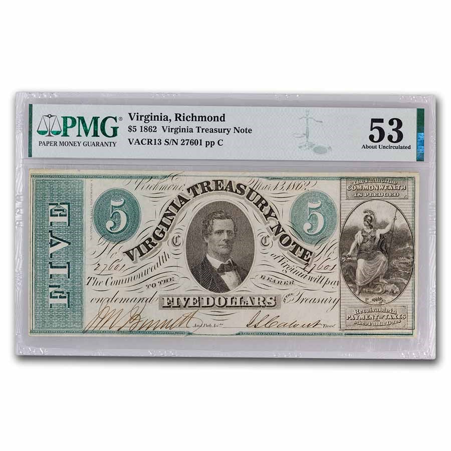 Buy 1862 $5.00 Richmond Virginia Treasury Note AU-53 PMG | APMEX