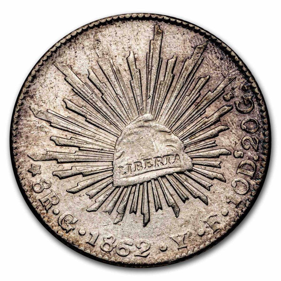 1862-Go YF Mexico Silver 8 Reales Cap & Rays BU