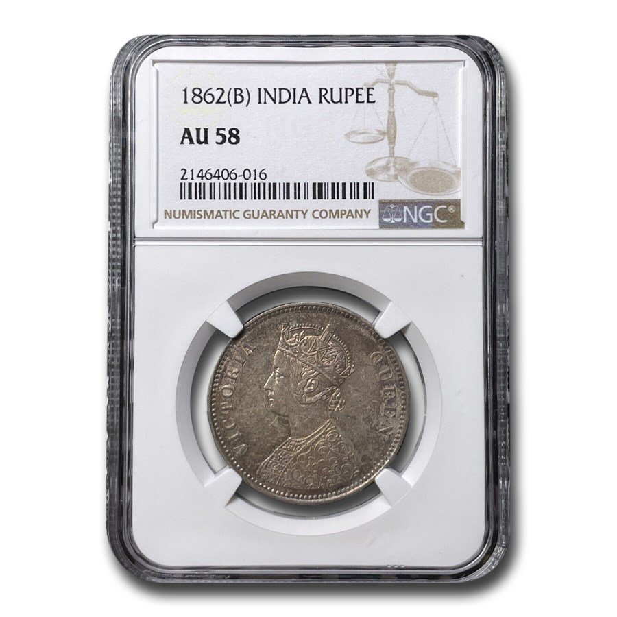 1862 India Silver Rupee Victoria AU-58 NGC