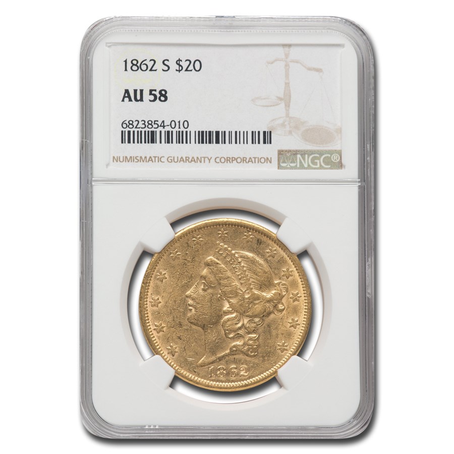 1862-S $20 Liberty Gold Double Eagle AU-58 NGC