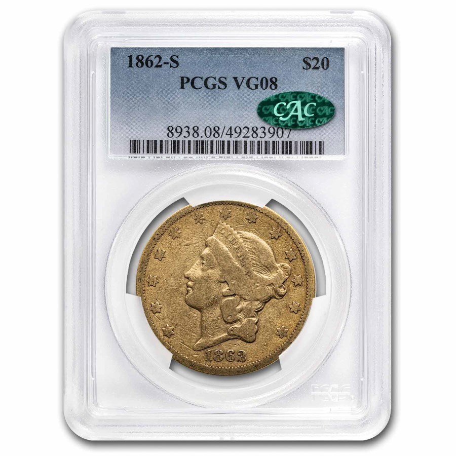 1862-S $20 Liberty Gold Double Eagle VG-08 PCGS CAC