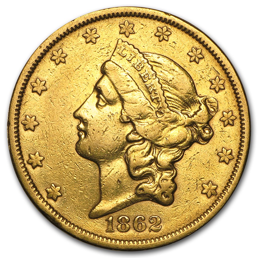 1862-S $20 Liberty Gold Double Eagle XF Details (Cleaned)