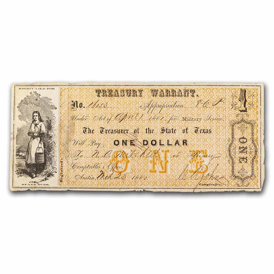 Buy 1862 State of Texas Treasury Warrant $1.00 VG | APMEX