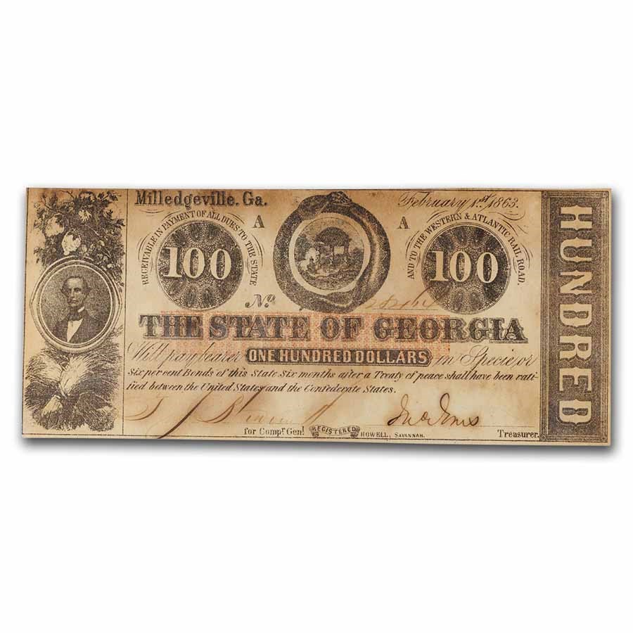 1863 $100 State of Georgia Milledgeville, Georgia AU