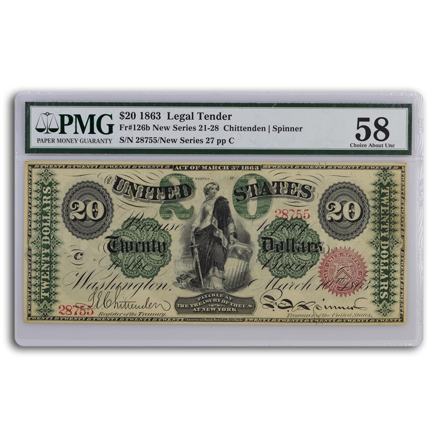 1863 $20 Legal Tender AU-58 PMG (Fr#126b)