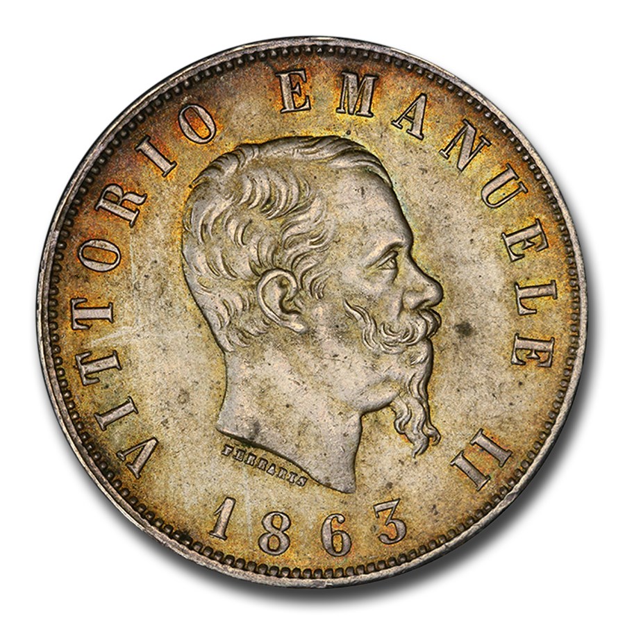 1863-N Italy Silver 2 Lire Emanuele II MS-63 PCGS