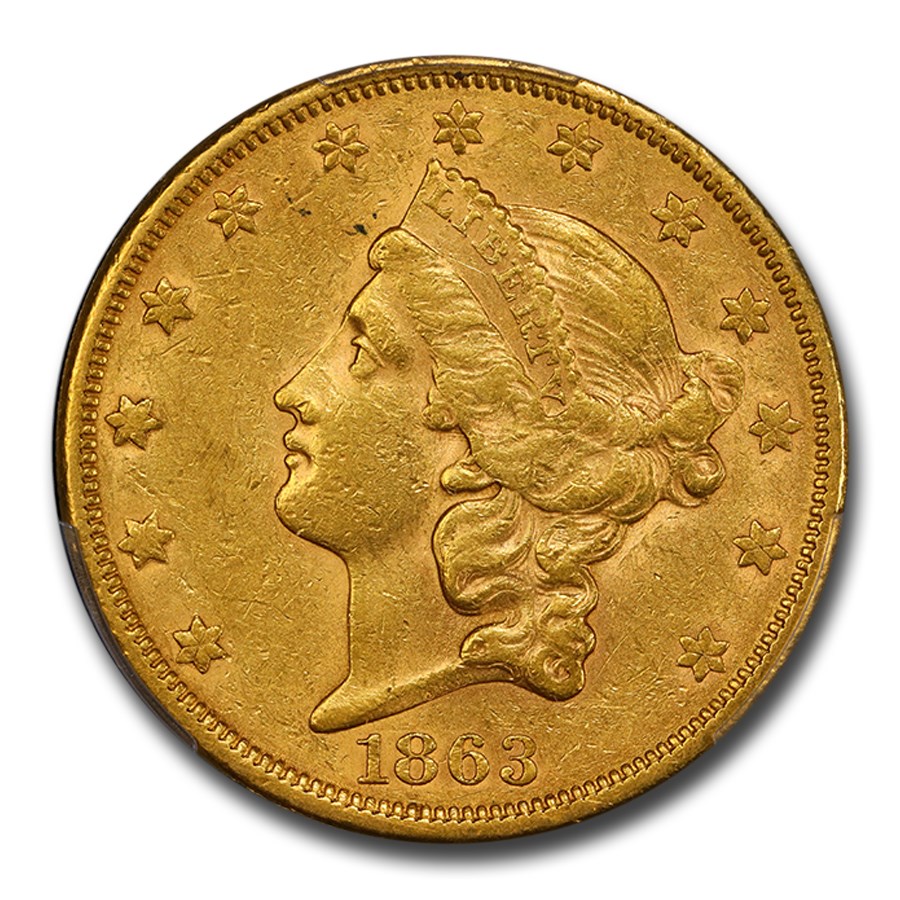 1863-S $20 Liberty Gold Double Eagle AU-55 PCGS CAC