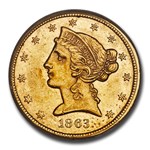 1863-S $5 Liberty Gold Half Eagle AU-58 PCGS