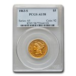 1863-S $5 Liberty Gold Half Eagle AU-58 PCGS