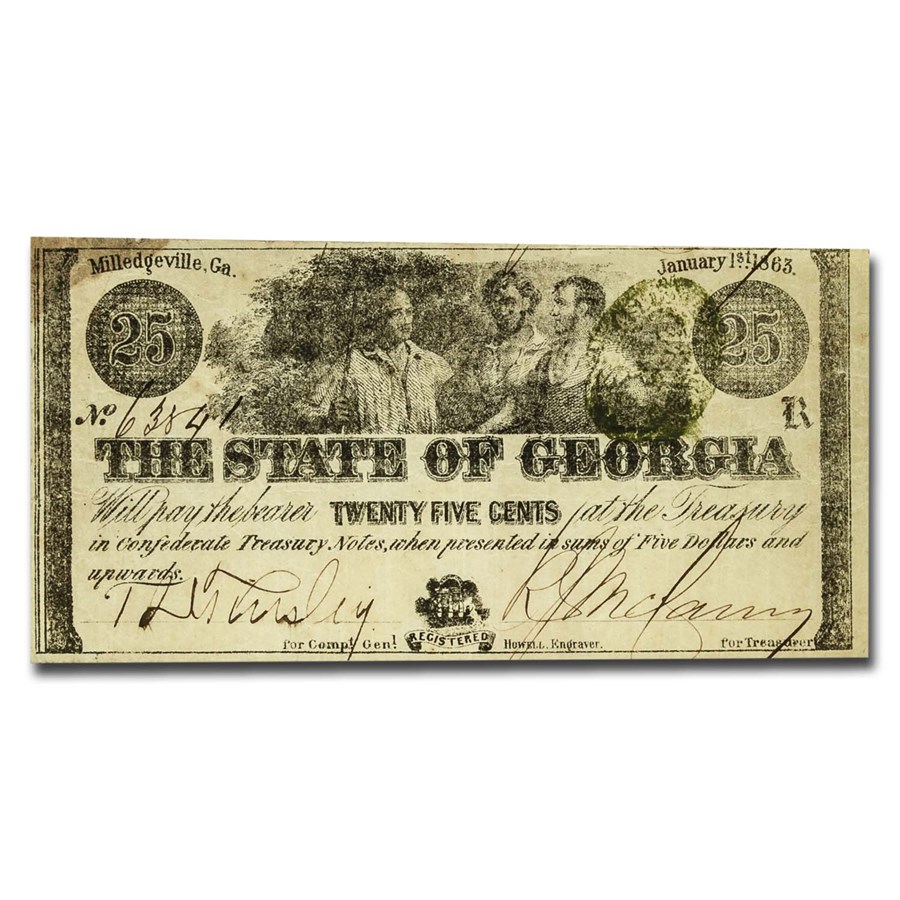 Buy 1863 State of Georgia, Milledgeville 25 Cent Note VF | APMEX