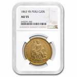 1863-YB Peru Gold 20 Soles AU-55 NGC