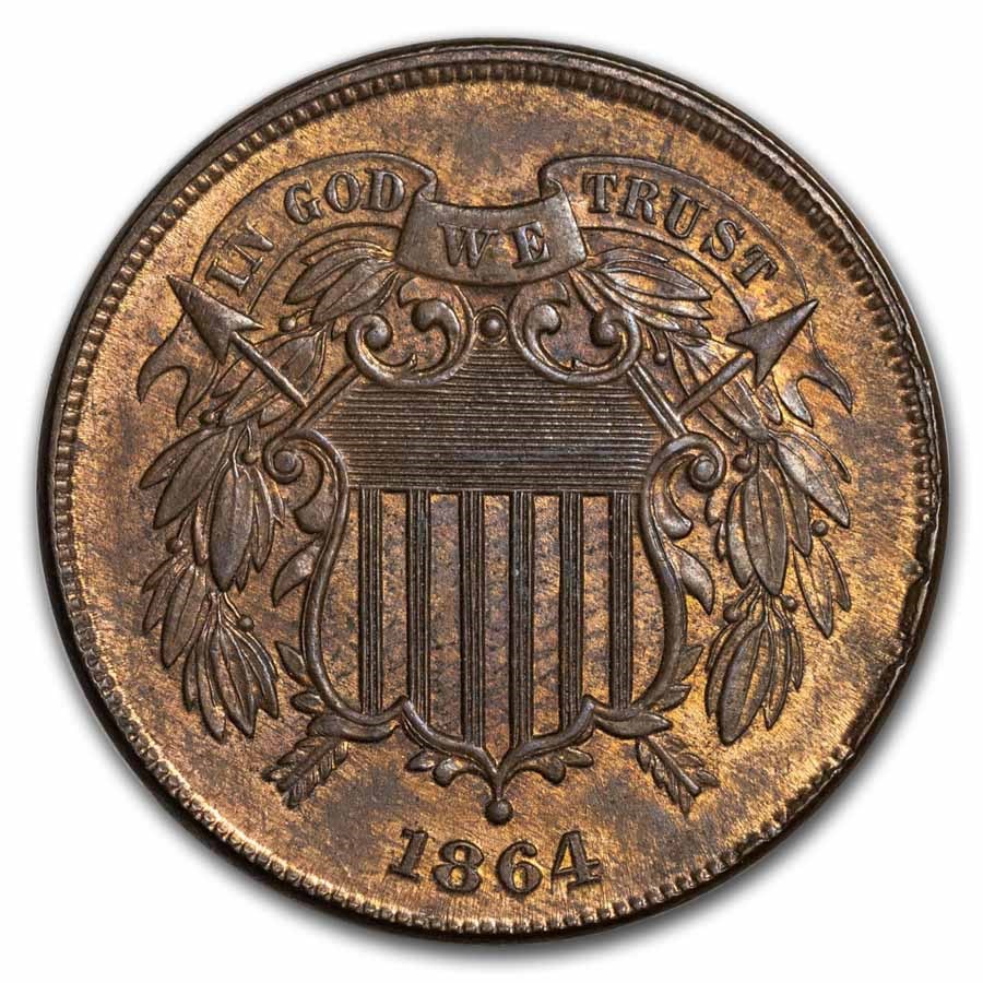 1864 Two Cent Piece Large Motto Choice BU (Red/Brown)