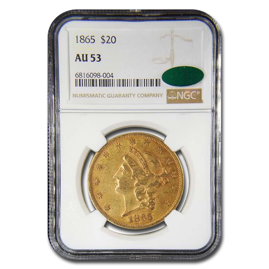 1865 $20 Liberty Gold Double Eagle AU-53 NGC CAC