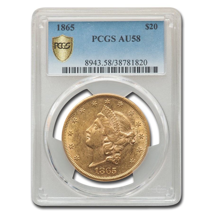 1865 $20 Liberty Gold Double Eagle AU-58 PCGS