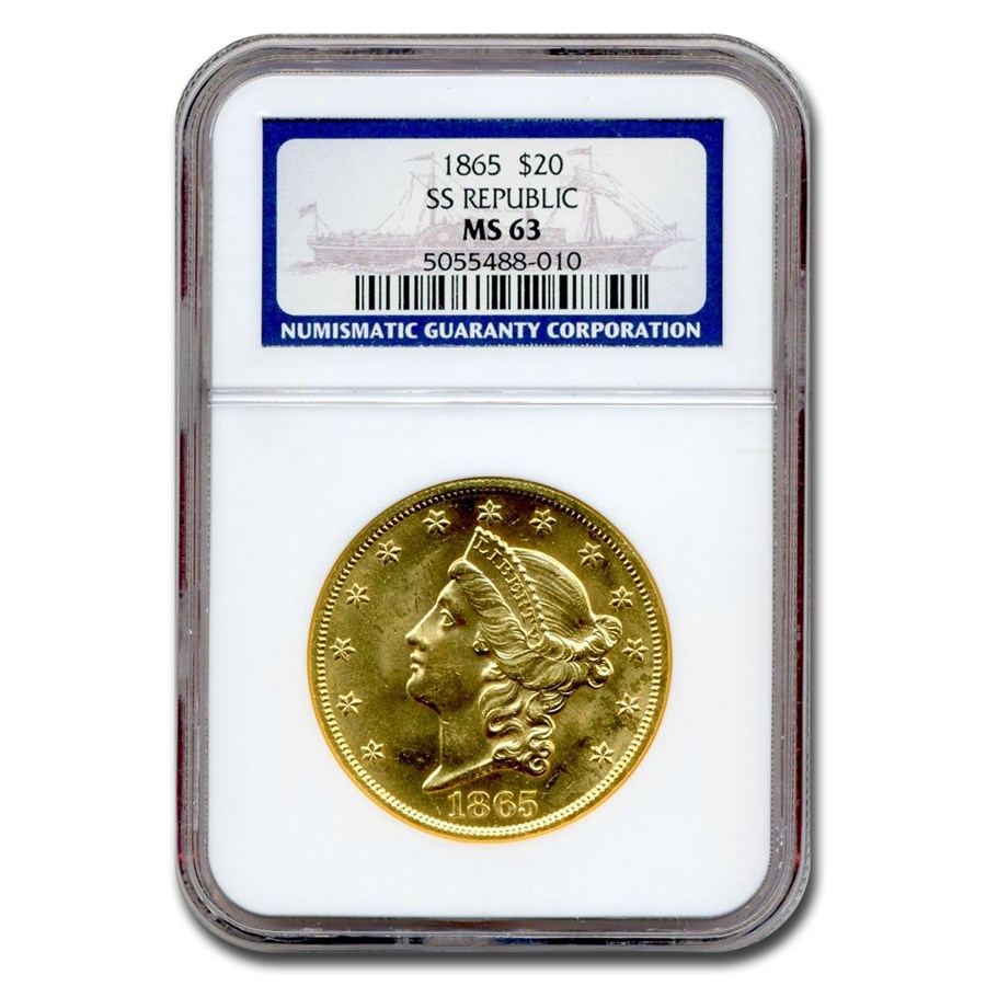 1865 $20 Liberty Gold Double Eagle MS-63 NGC (SS Republic)