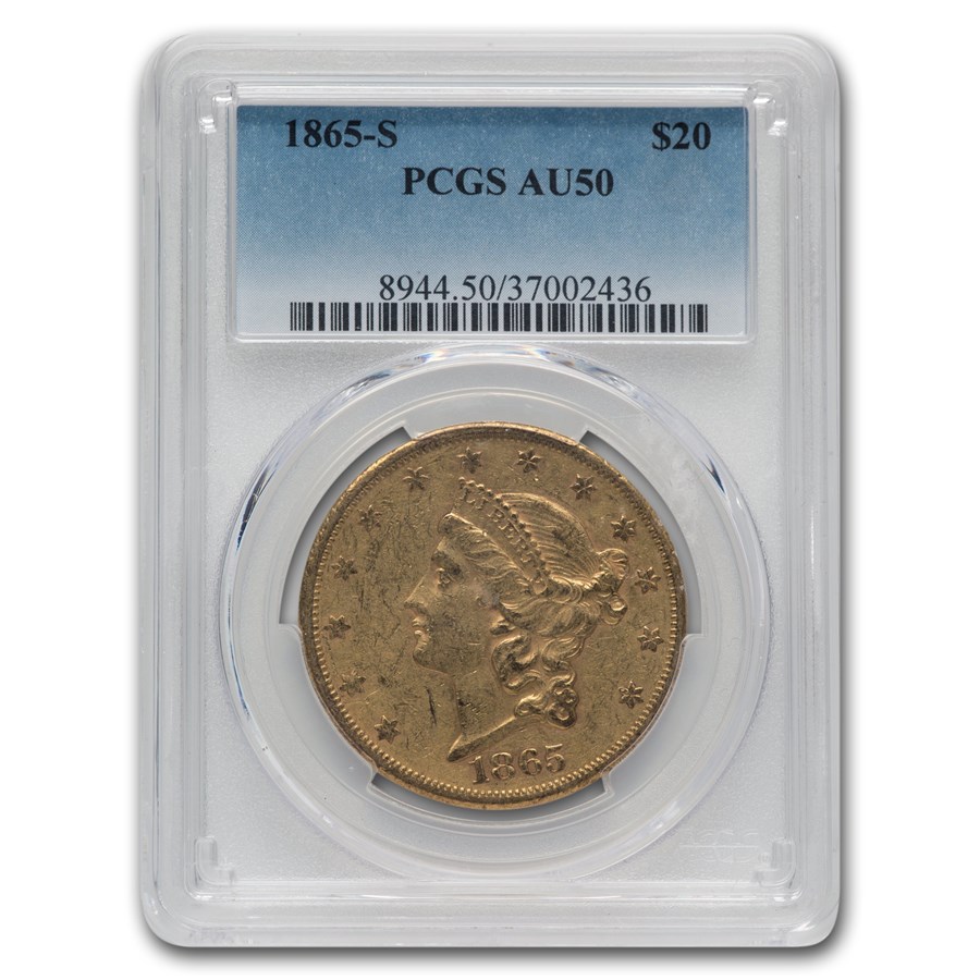 1865-S $20 Liberty Gold Double Eagle AU-50 PCGS