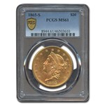 1865-S $20 Liberty Gold Double Eagle MS-61 PCGS