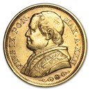 1866-1870 Papal States Gold 20 Lire Pius IX XF