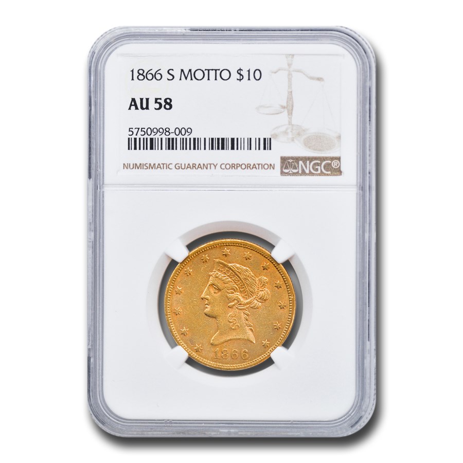 1866-S $10 Liberty Gold Eagle w/Motto AU-58 NGC