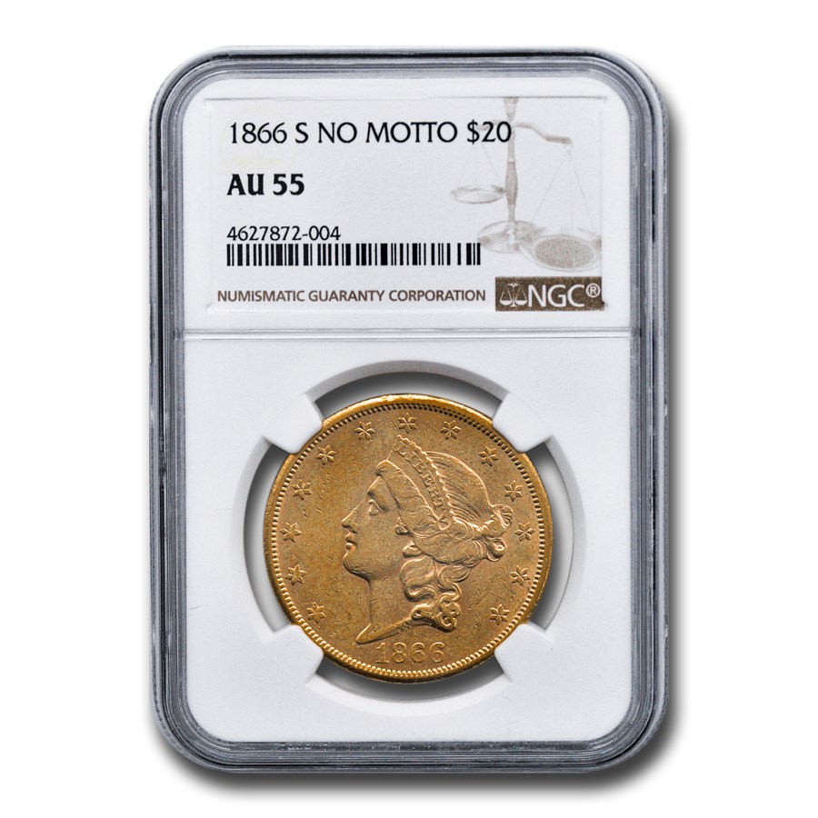 1866-S $20 Liberty Gold Double Eagle AU-55 NGC (No Motto)