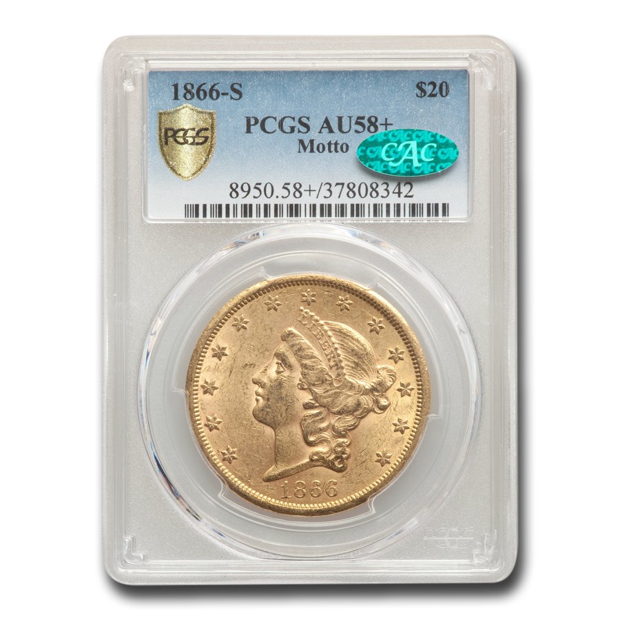 Buy 1866-S $20 Liberty Gold Double Eagle w/Motto AU-58+ PCGS CAC | APMEX