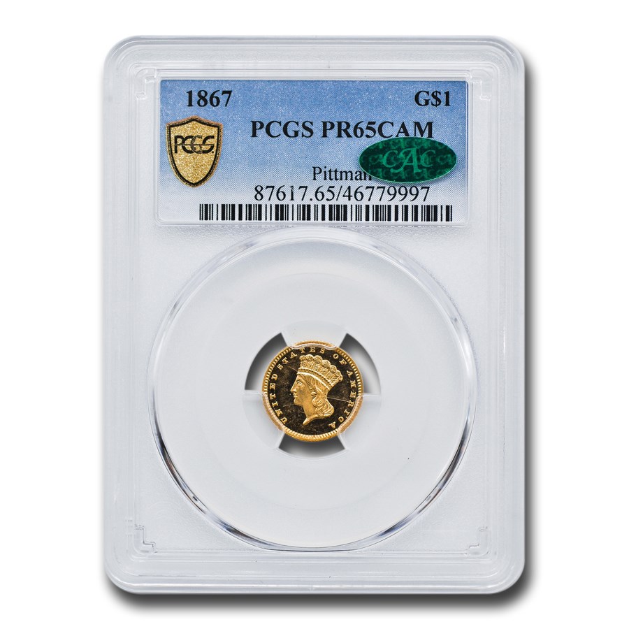 1867 $1 Indian Head Gold PR-65 Cameo PCGS CAC