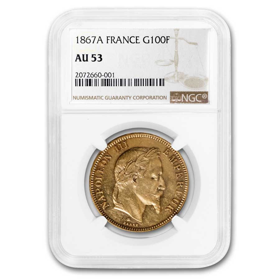 1867-A France Gold 100 Francs Napoleon III AU-53 NGC
