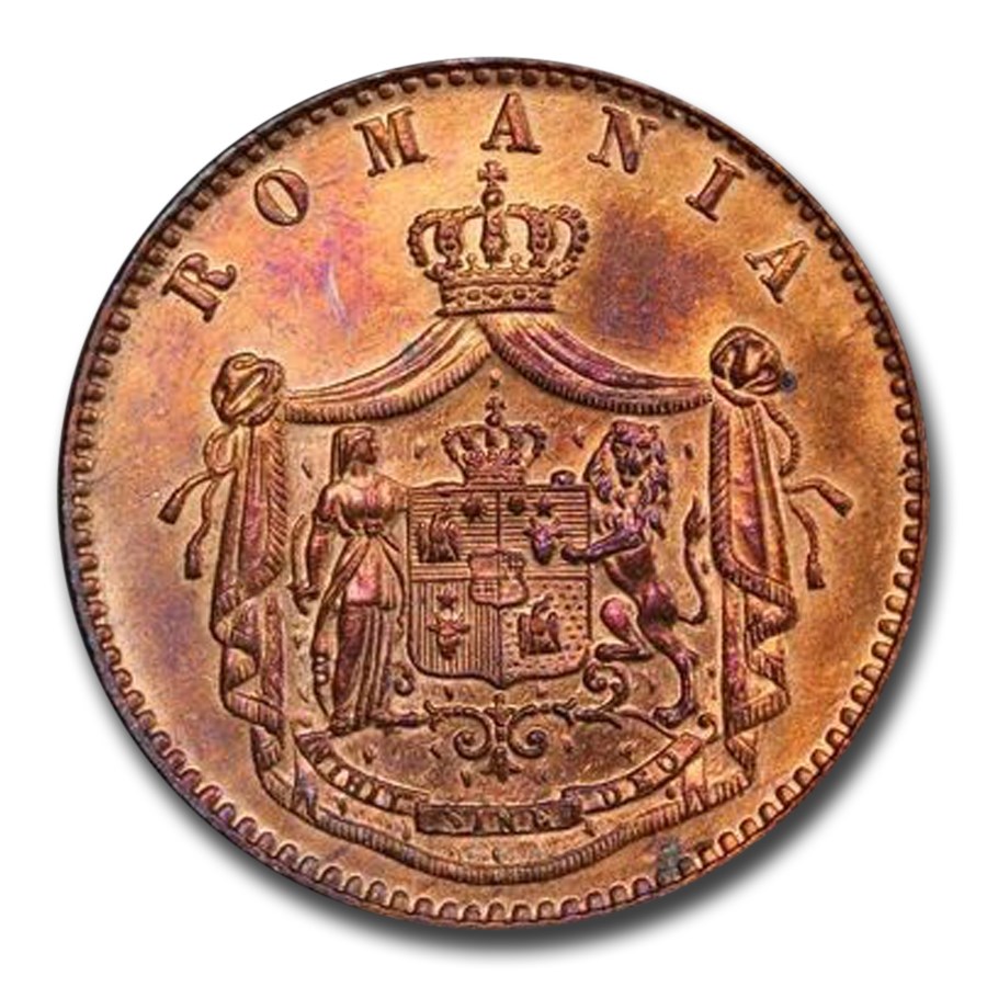 1867 Romania 5 Bani MS-64 PCGS (Red/Brown)