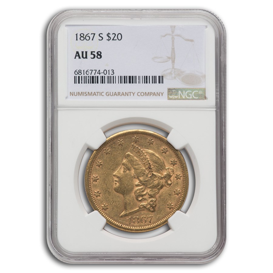 1867-S $20 Liberty Gold Double Eagle AU-58 NGC