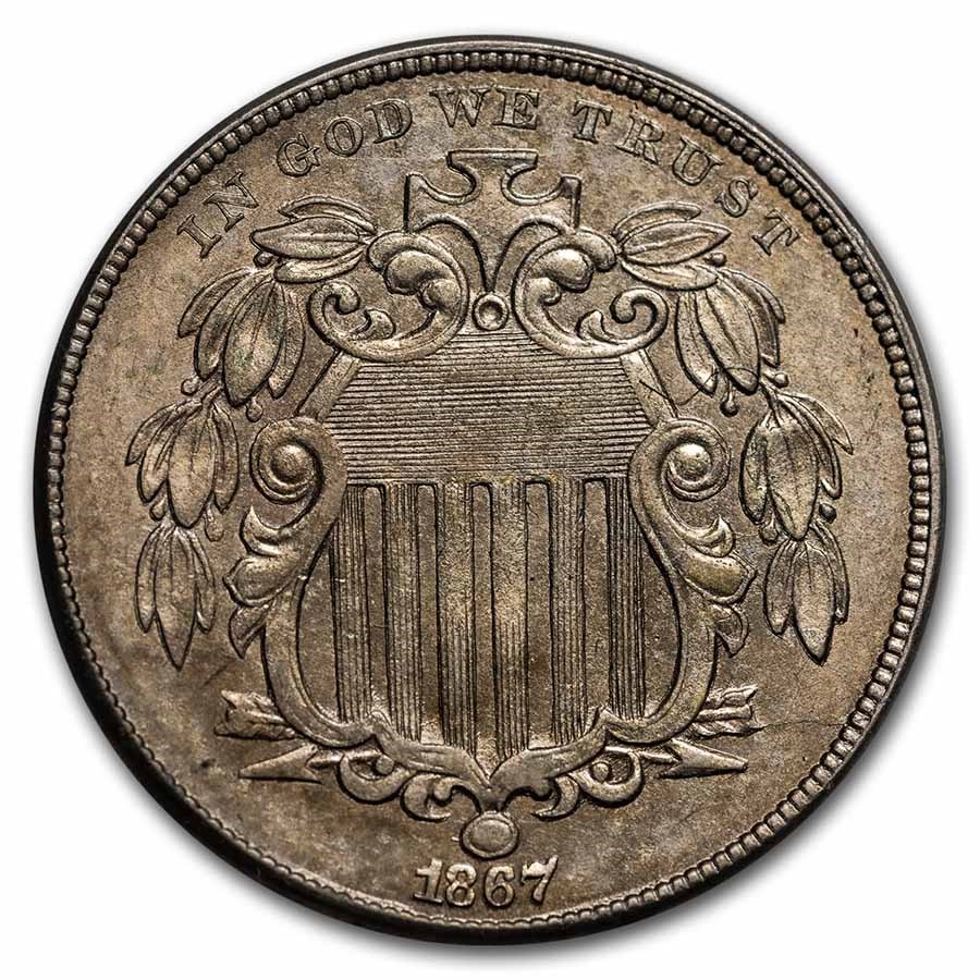 1867 Shield Nickel w/o Rays BU