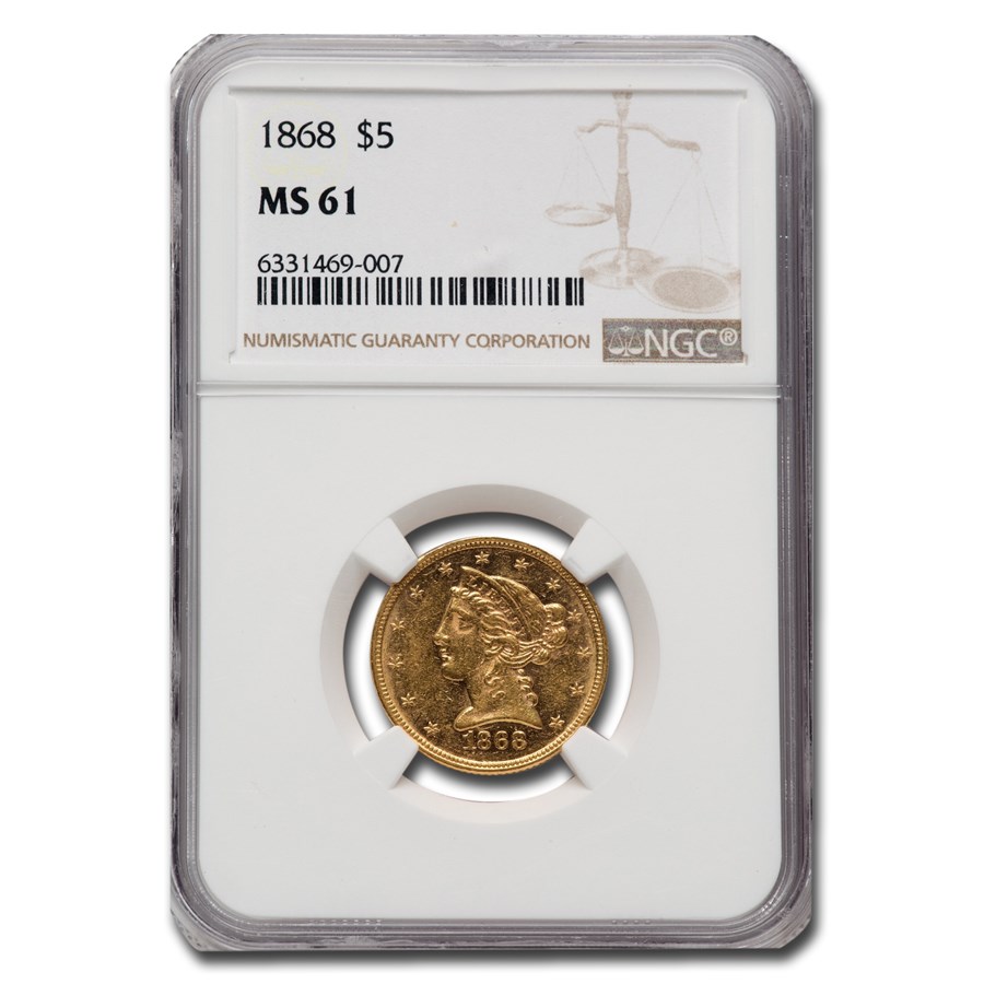 1868 $5 Liberty Gold Half Eagle MS-61 NGC