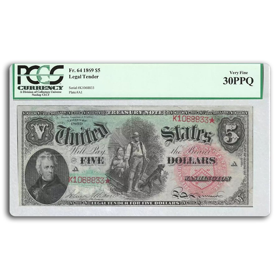 1869 $5.00 Legal Tender Woodchopper Rainbow VF-30 PPQ PCGS(Fr#64)