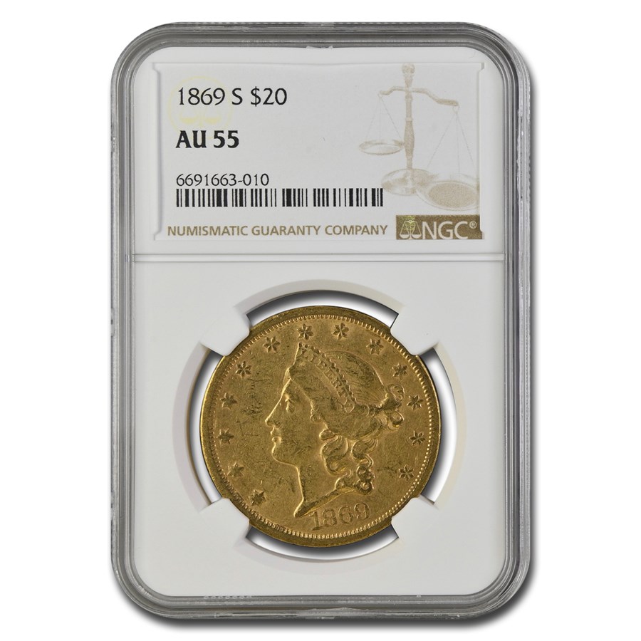 1869-S $20 Liberty Gold Double Eagle AU-55 NGC