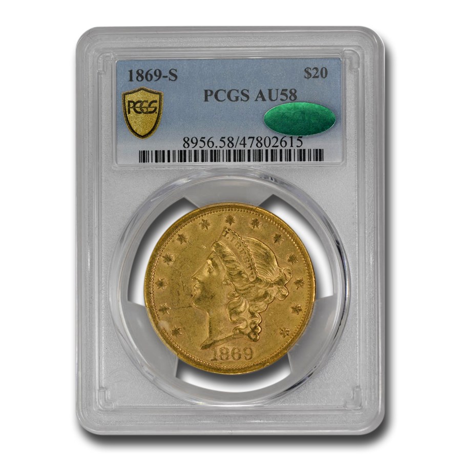 1869-S $20 Liberty Gold Double Eagle AU-58 PCGS CAC