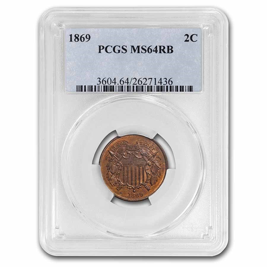 1869 Two Cent Piece MS-64 PCGS (Red/Brown)