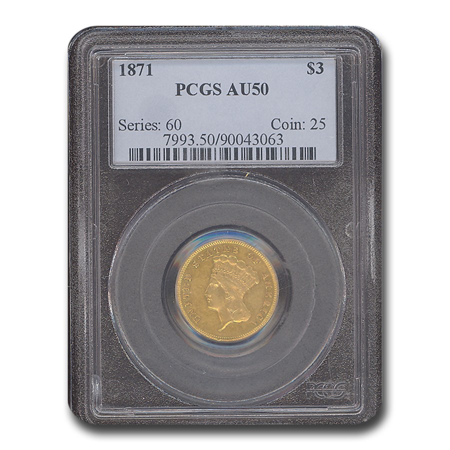 1871 $3 Gold Princess AU-50 PCGS