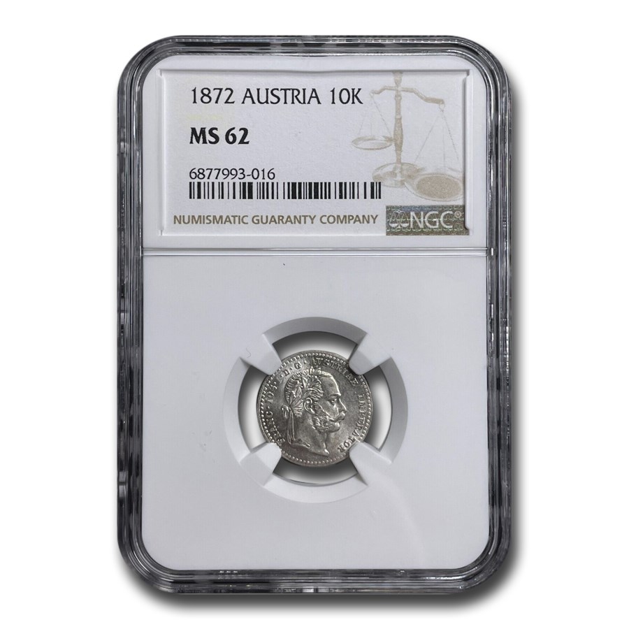 1872 Austria Silver 10 Kreuzer Joseph I MS-62 NGC