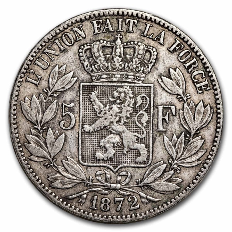 1872 Belgium Silver 5 Francs Leopold II XF