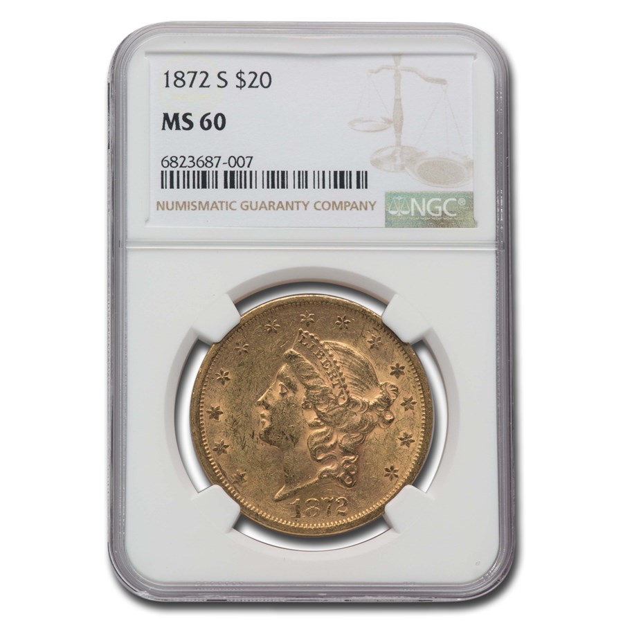 1872-S $20 Liberty Gold Double Eagle MS-60 NGC