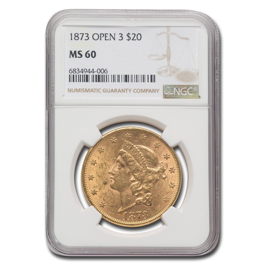 1873 $20 Liberty Gold Double Eagle Open 3 MS-60 NGC