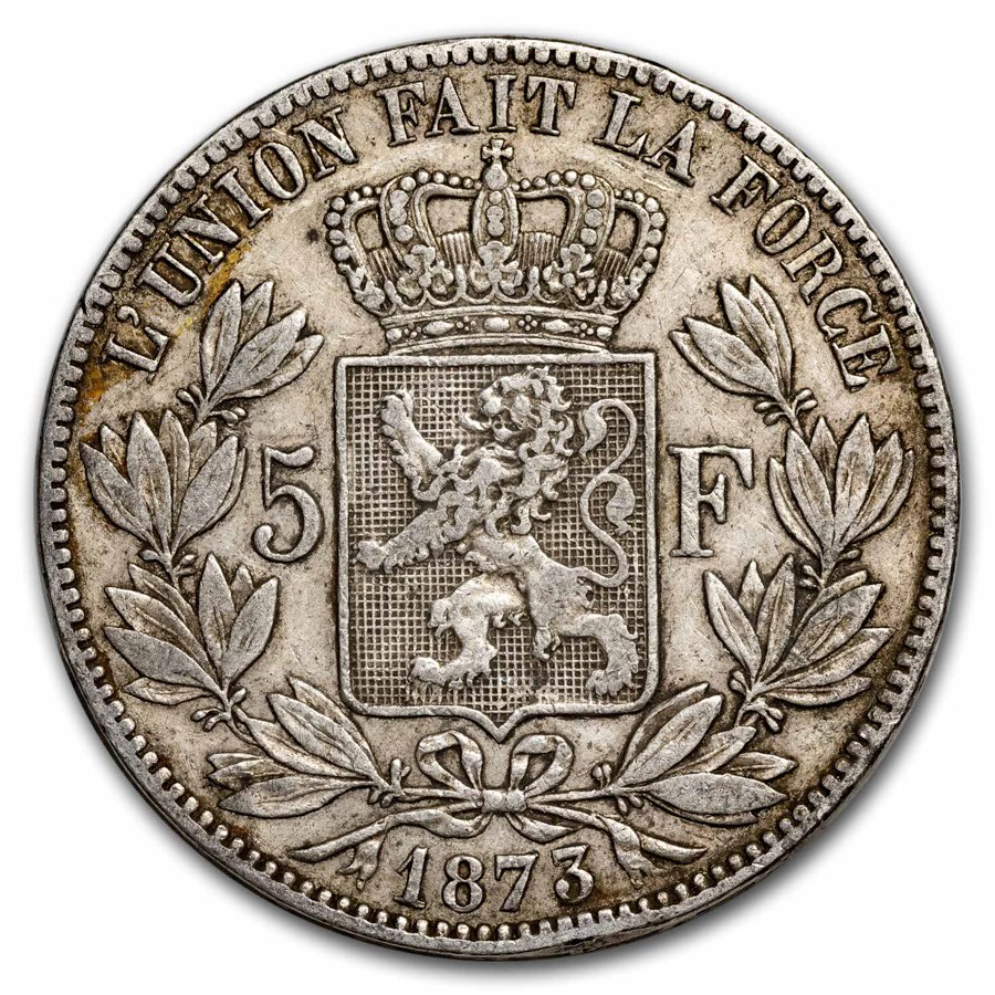 1873 Belgium Silver 5 Francs Leopold II XF (Position A)
